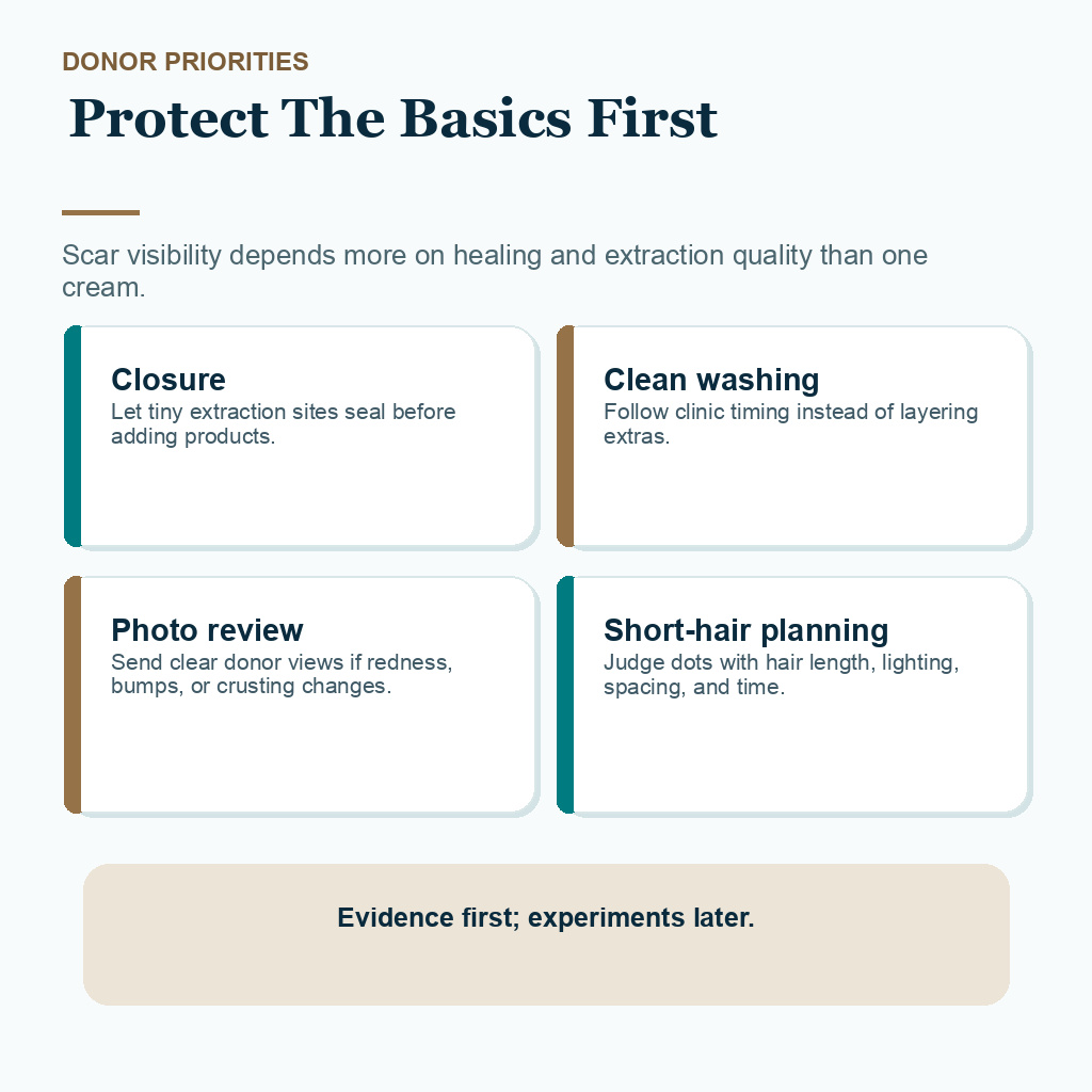 Information card explaining donor healing priorities before experimental topical products after FUE