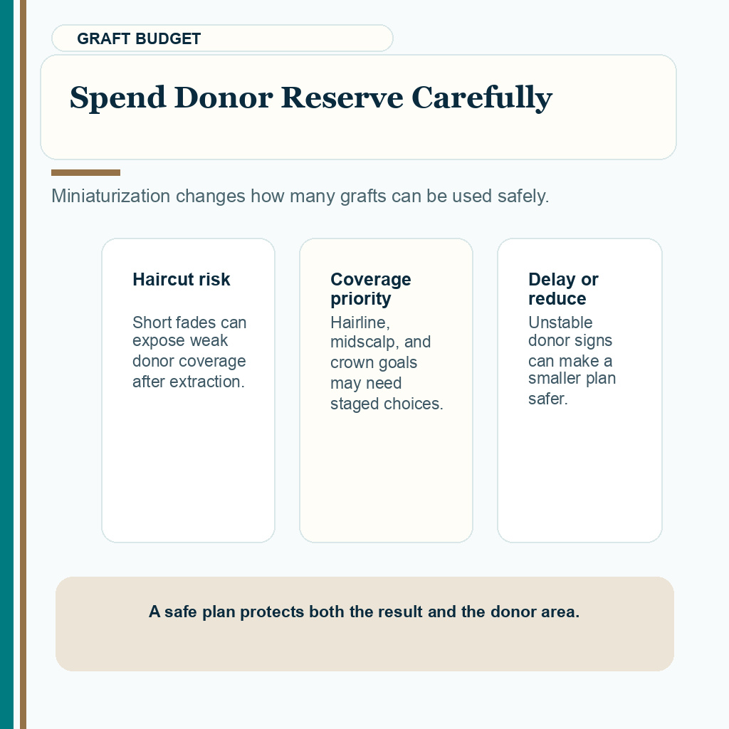 Information card explaining how donor miniaturization changes graft budgeting and conservative planning