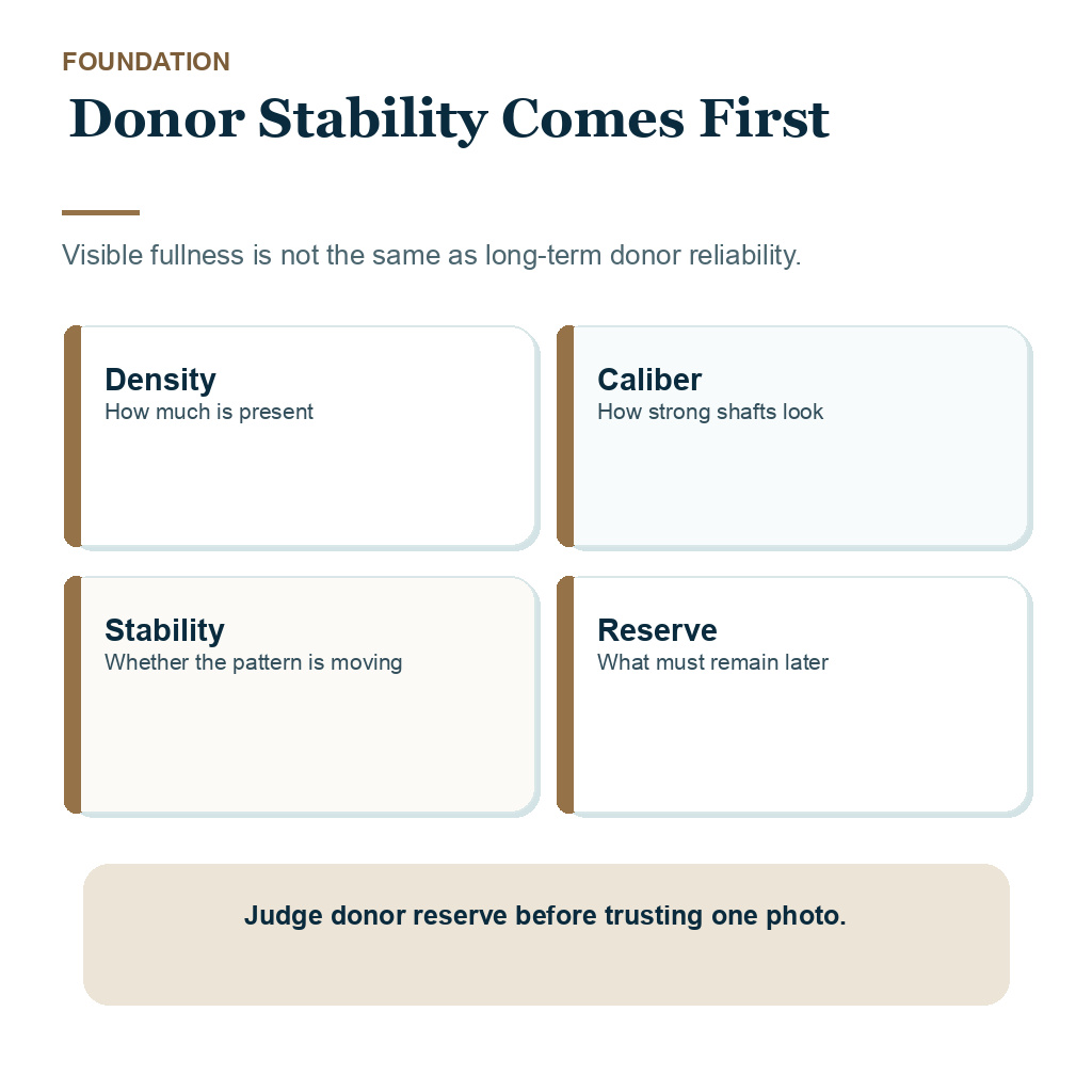 Donor miniaturization carousel slide showing that donor stability comes before graft targets.