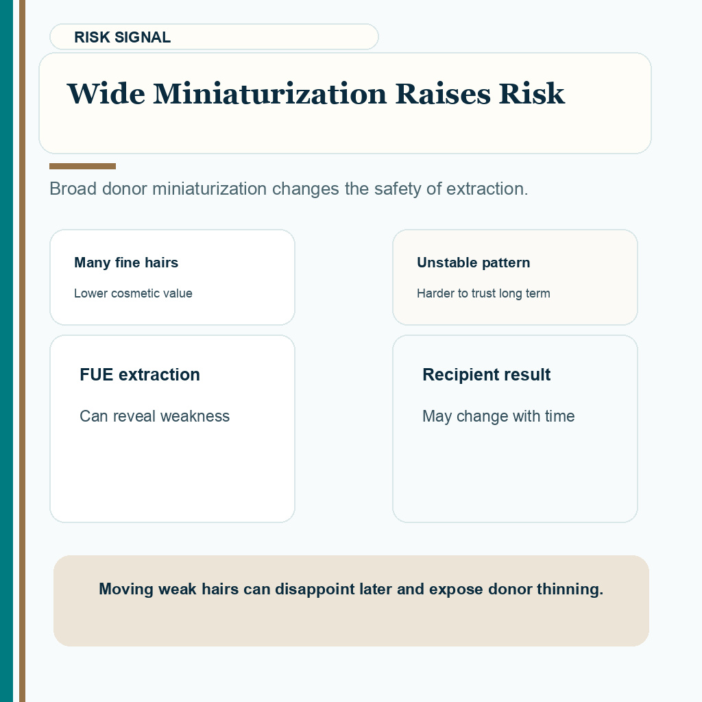 Donor miniaturization carousel slide explaining that widespread miniaturization can make FUE unsafe.