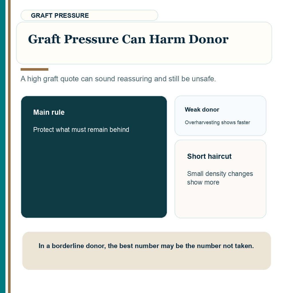 Donor miniaturization carousel slide explaining that pressure for high graft numbers can harm a weak donor area.