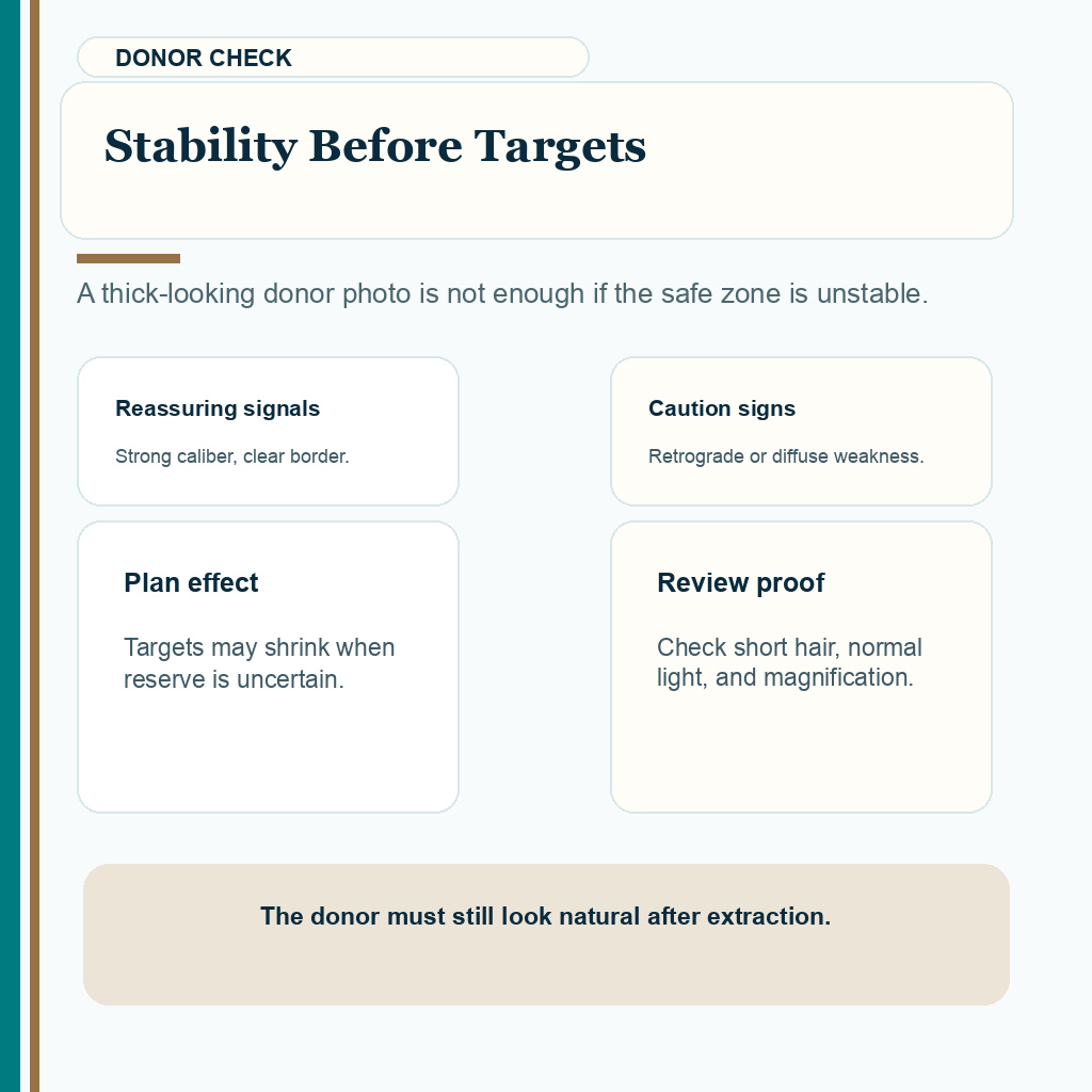 Information card explaining donor safe-zone stability checks before setting graft targets