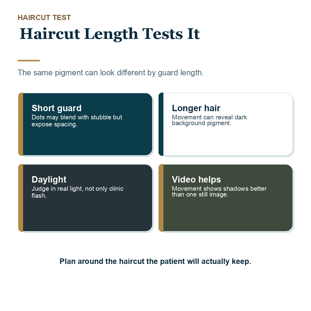Haircut length and lighting change how donor SMP camouflage will look