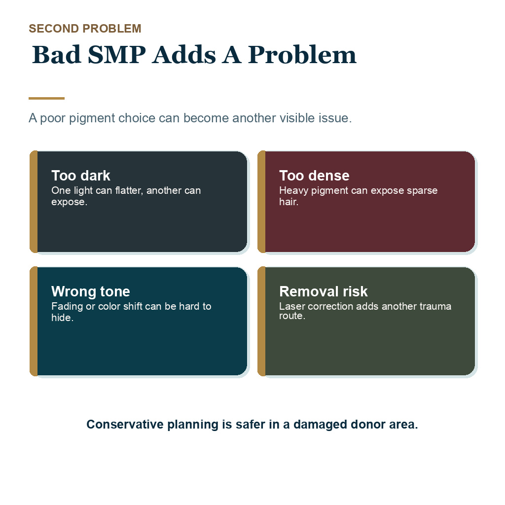 Too dark too dense or wrong tone donor SMP can create a second visible problem