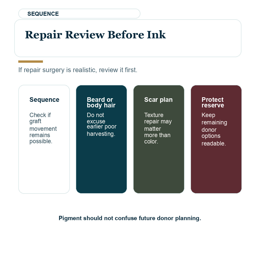 Repair planning should come before pigment when donor scarring is realistic
