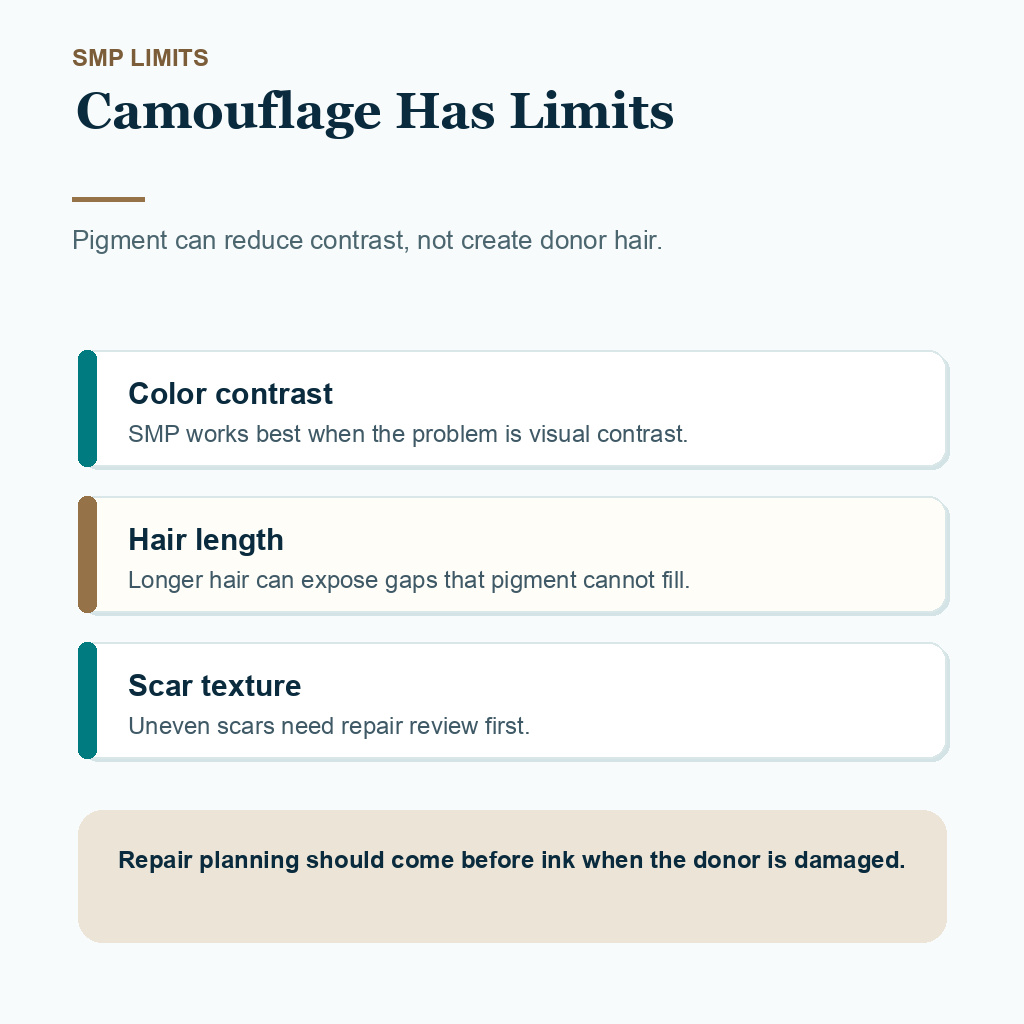 Diamond Hair Clinic support card showing donor SMP camouflage limits before repair planning