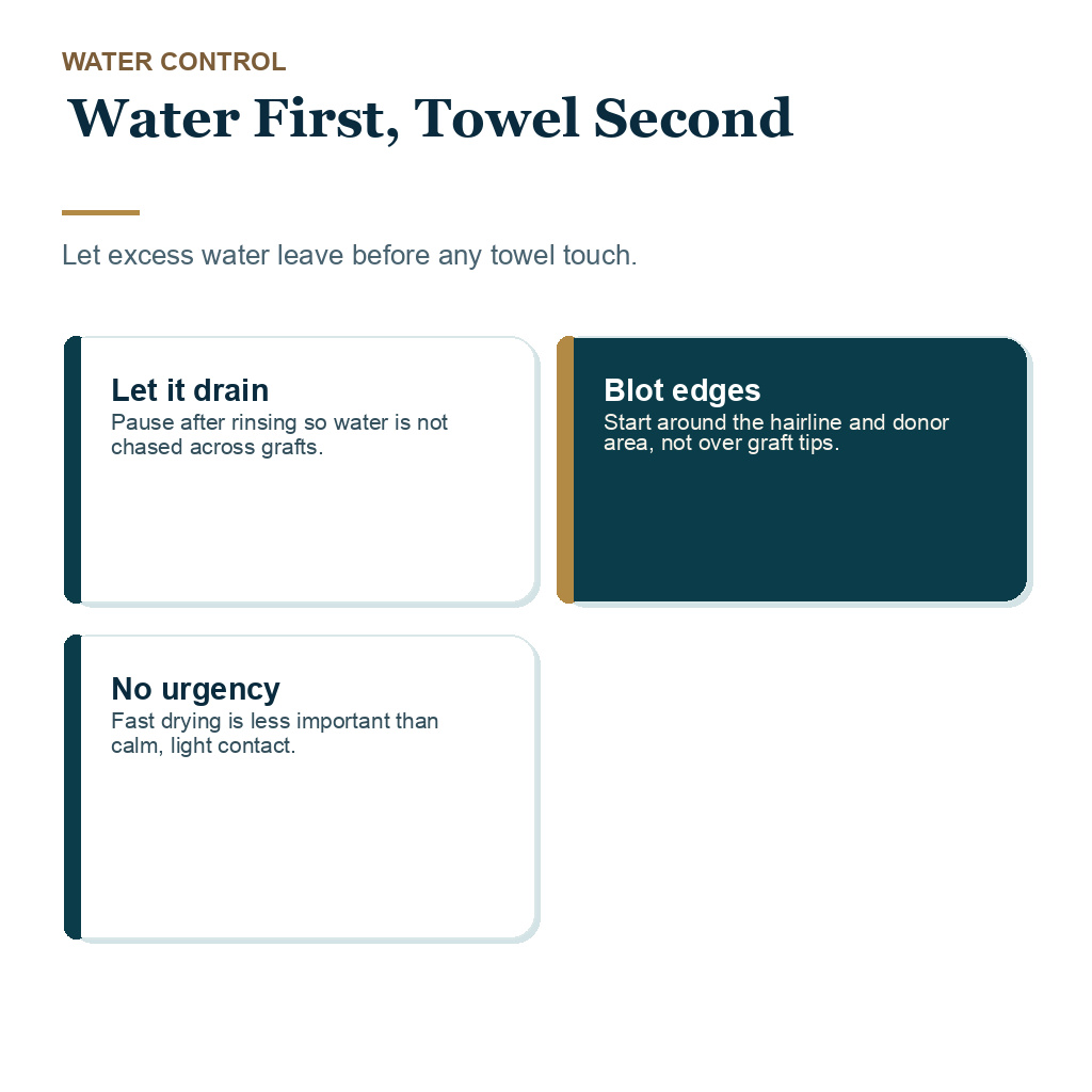 Water first and towel second in the FUE drying sequence