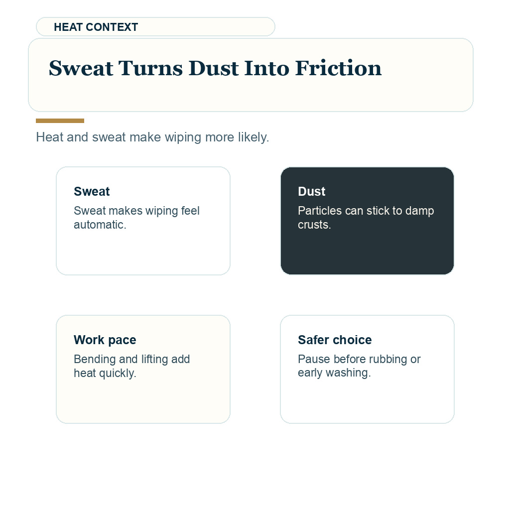 Dust wind and pollution after FUE support visual about sweat turns dust into friction