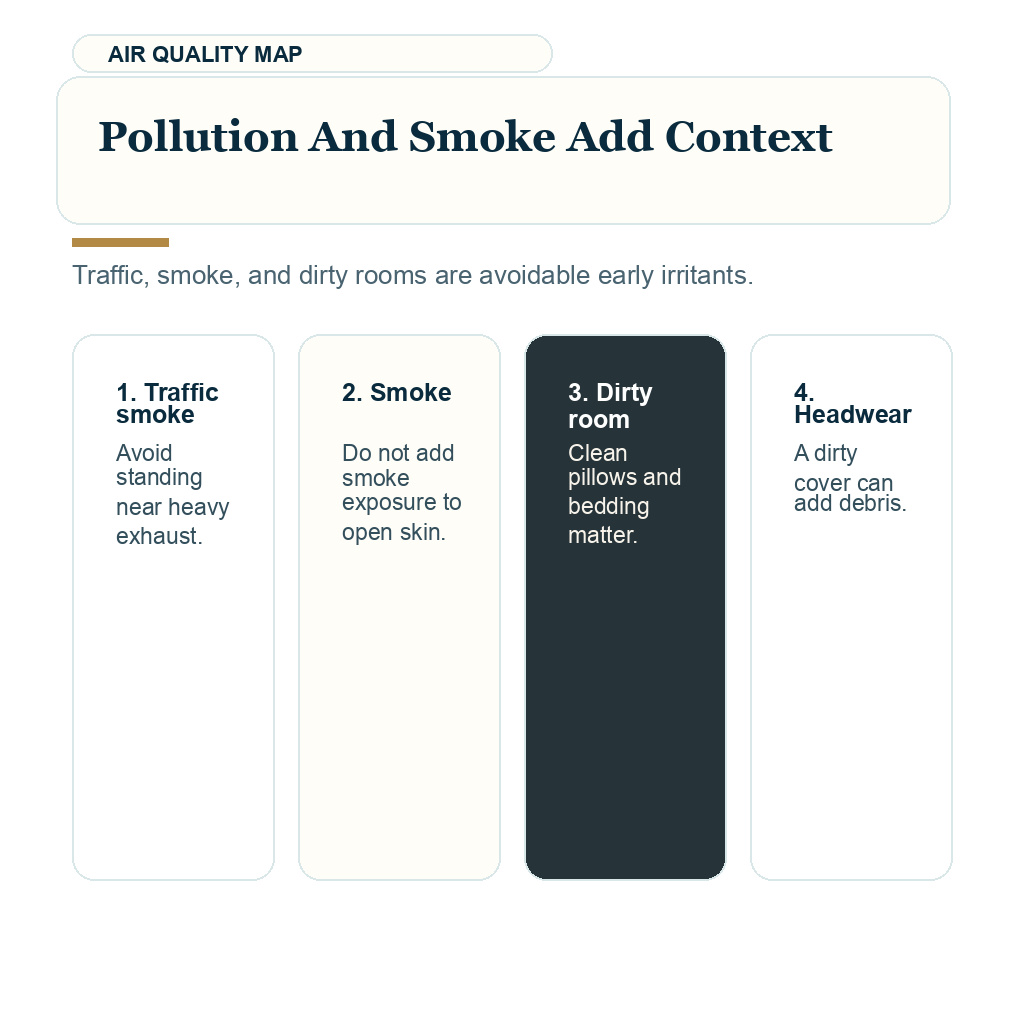 Dust wind and pollution after FUE support visual about pollution and smoke add context