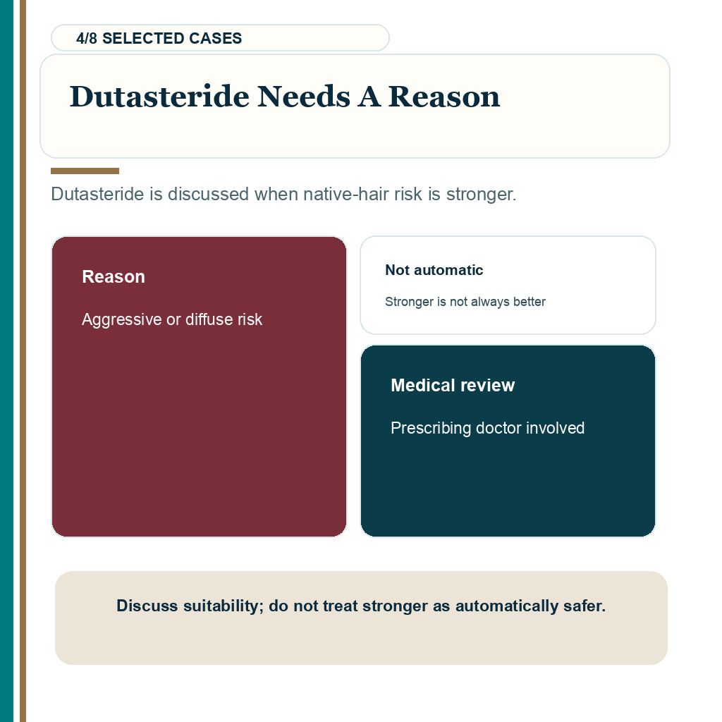 Dutasteride versus finasteride after hair transplant, dutasteride needs a reason.