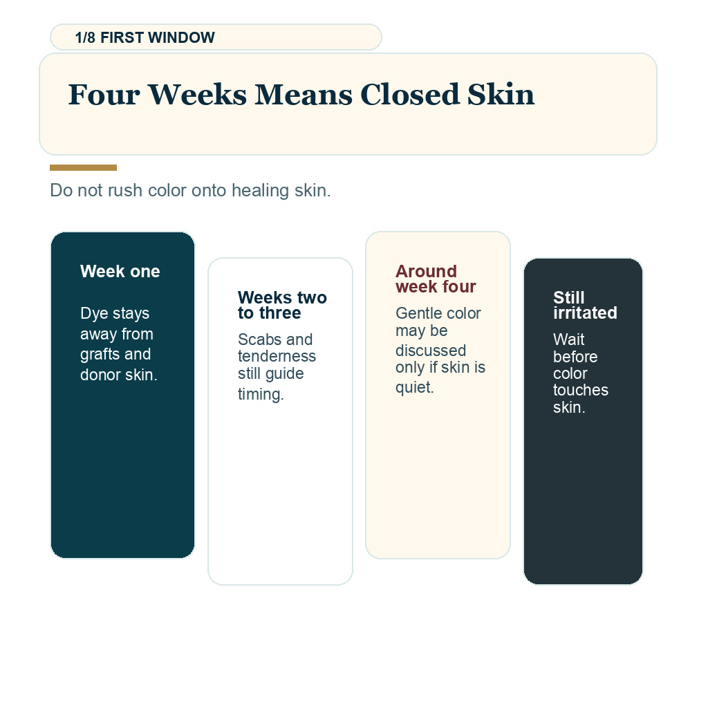 Hair dye timing slide 1 explaining four weeks means closed skin.