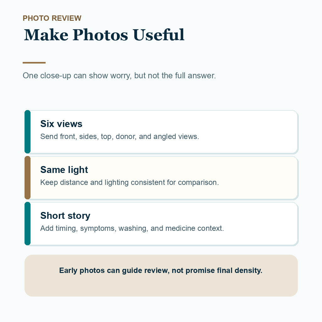 Diamond Hair Clinic support card showing early hair transplant review photo requirements