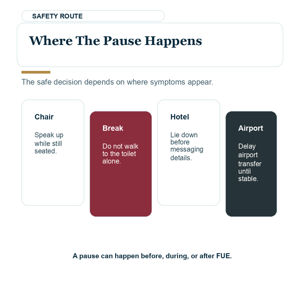 Dizziness and fainting safety visual showing where to pause before moving after symptoms