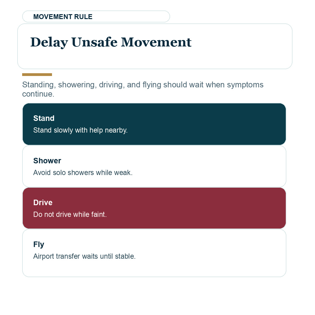 Dizziness and fainting safety visual explaining why standing, showering, driving, and flying should wait when symptoms continue