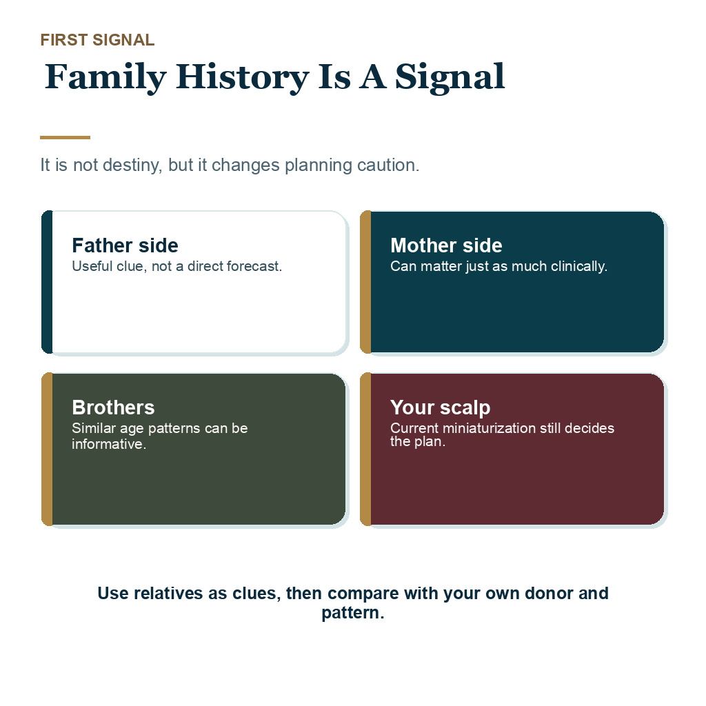 Family history planning card showing inherited hair loss as one planning signal