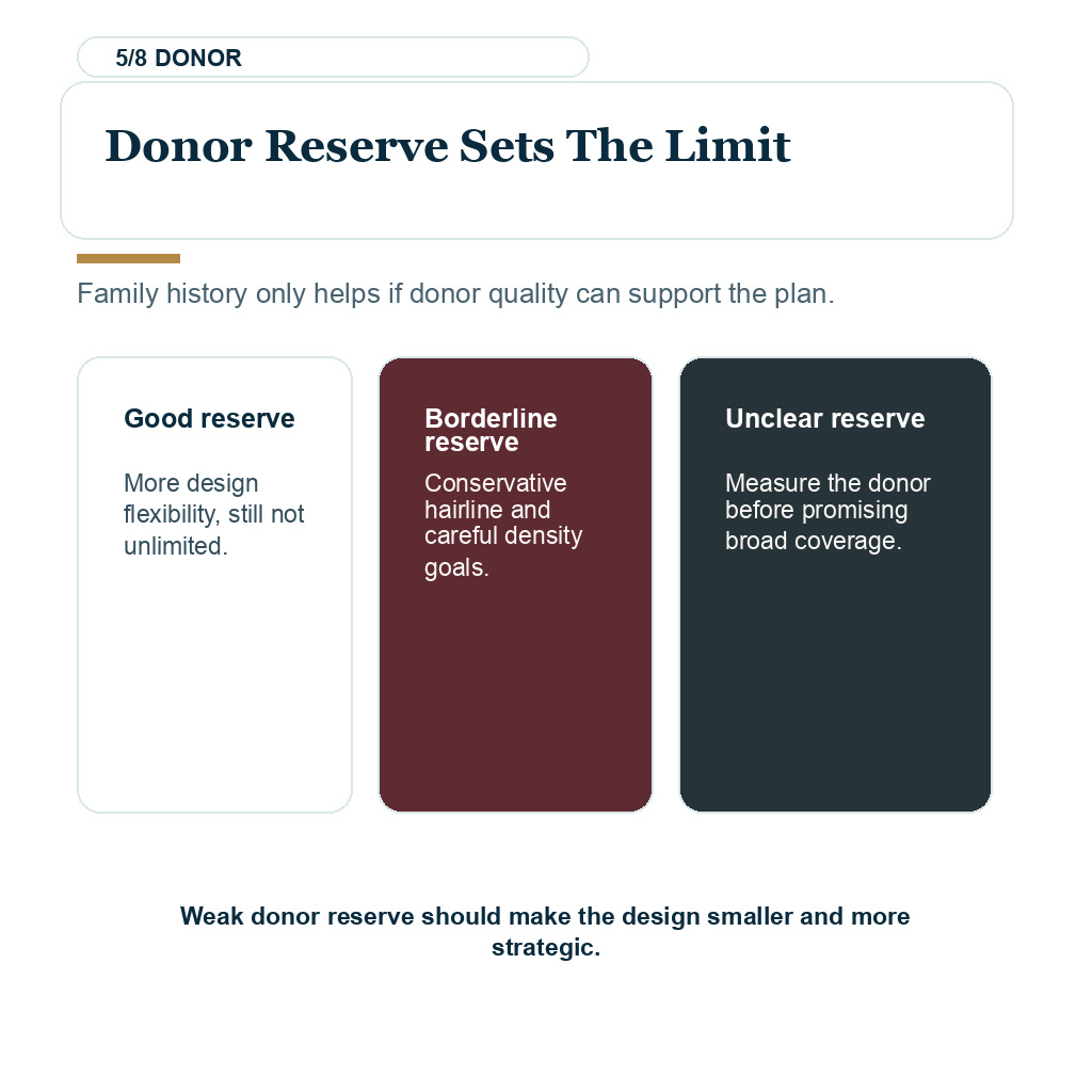 Donor reserve planning card showing limited graft supply in strong family hair loss