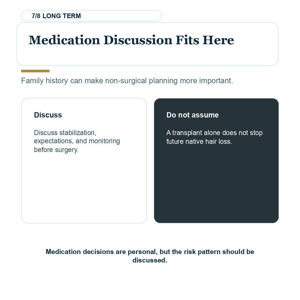 Medication discussion card showing where stabilization fits family hair loss planning