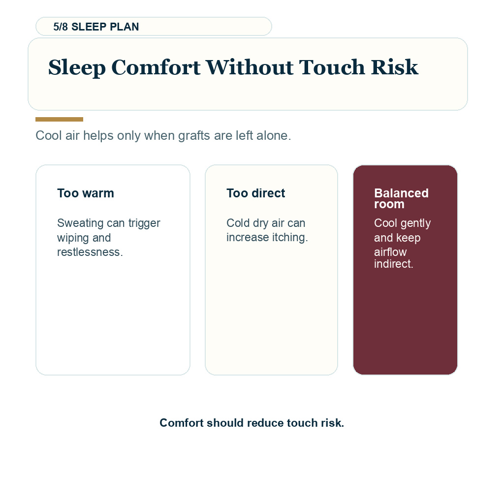 Fan air conditioning after hair transplant, sleep comfort without touch risk.