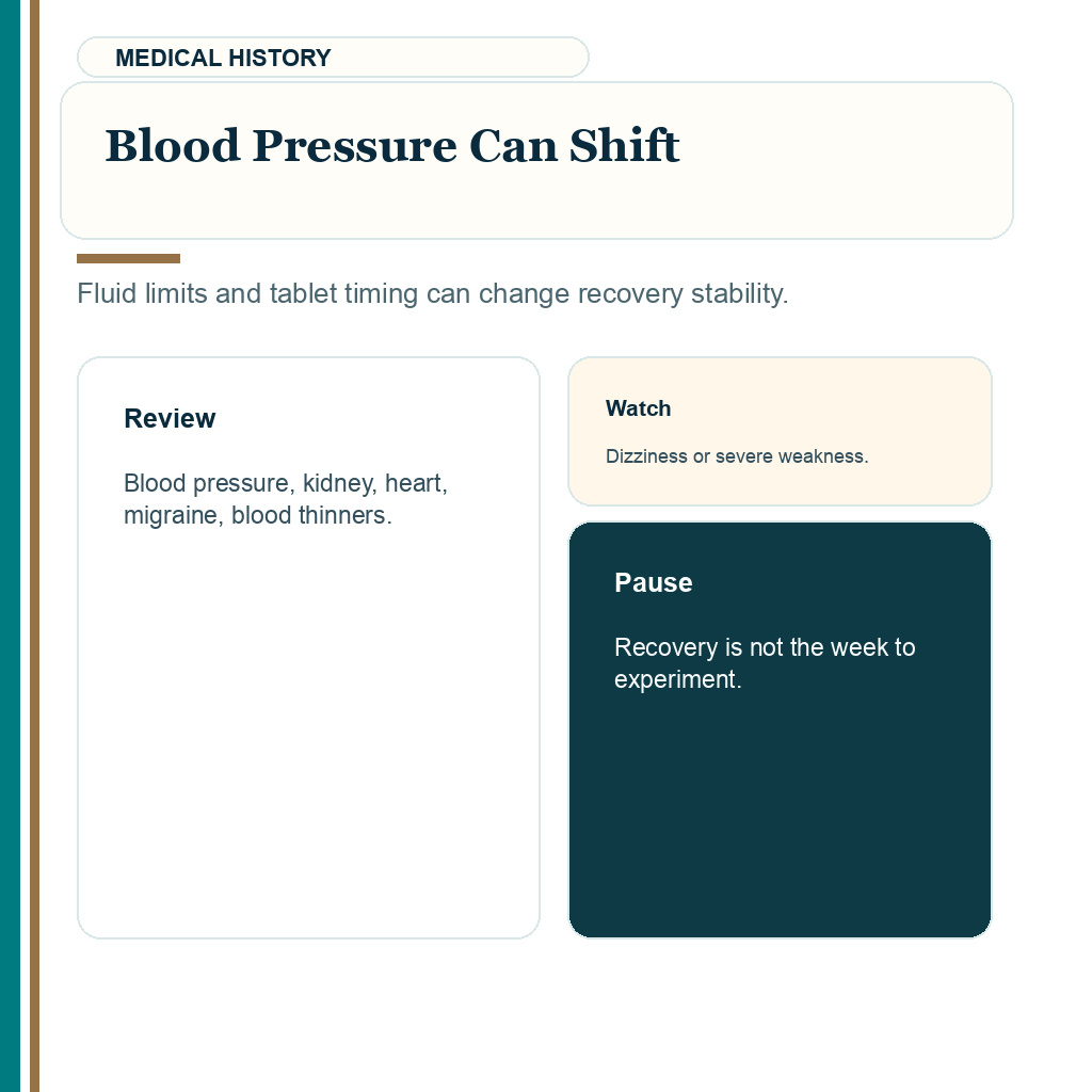 Fasting after hair transplant slide 7 explaining how fluid limits and tablet timing can affect blood pressure and other medical history