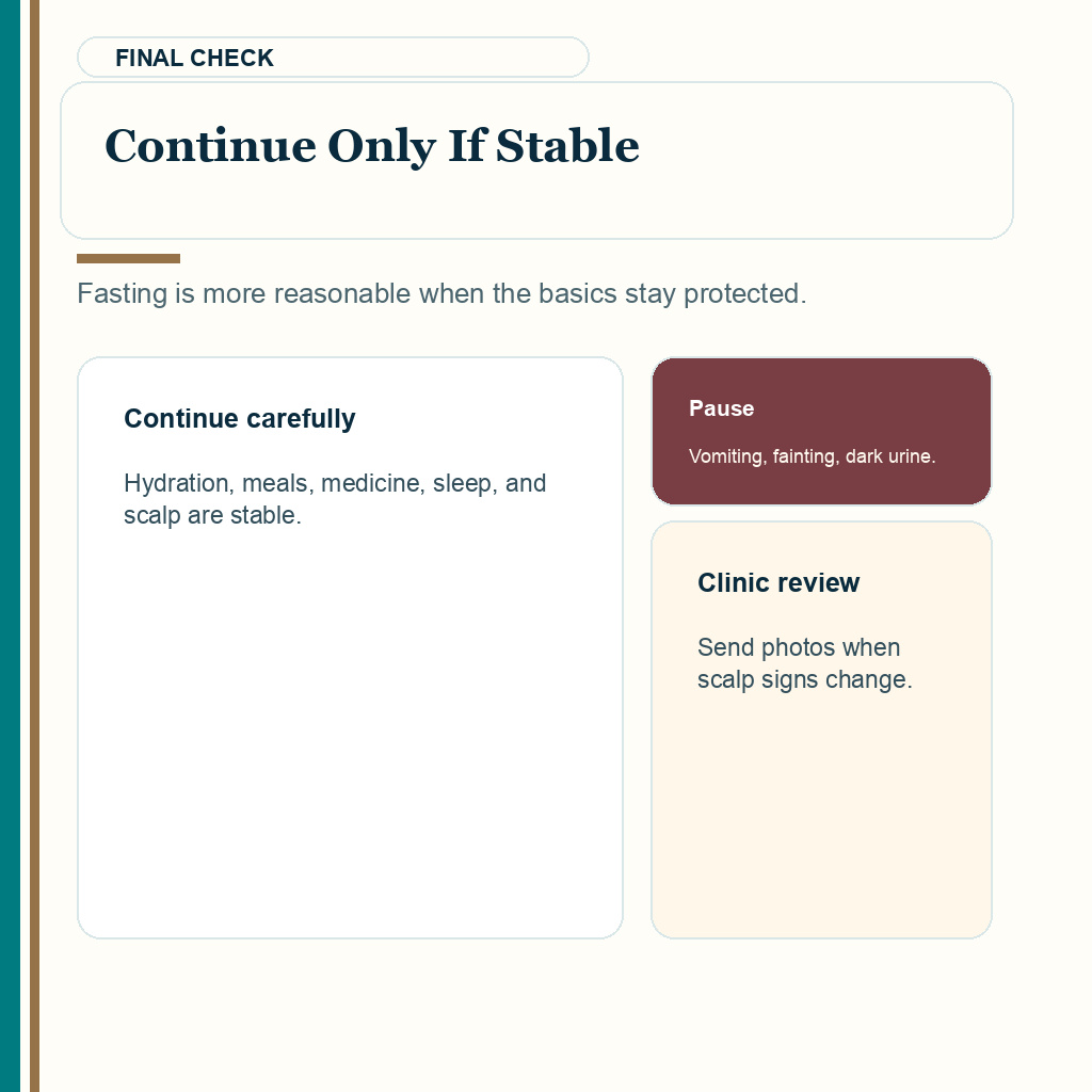 Fasting after hair transplant slide 10 explaining the final stability check before continuing a fast