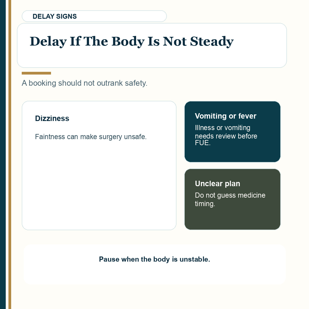 Unsteady body signs can delay FUE