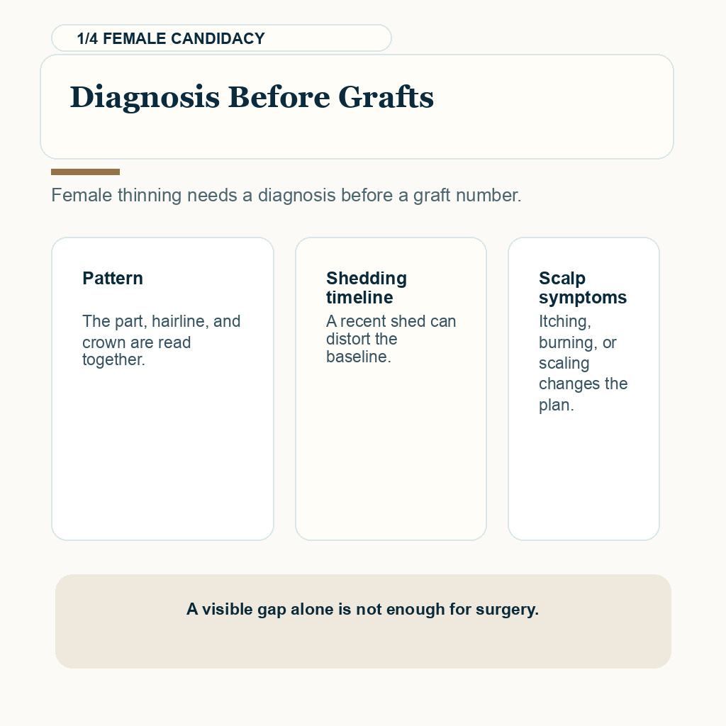 Female hair transplant candidacy carousel slide 1 about diagnosis before grafts