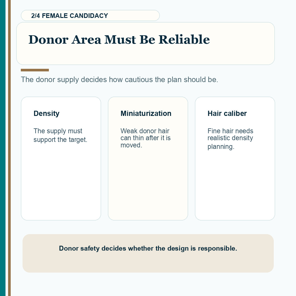 Female hair transplant candidacy carousel slide 2 about donor area must be reliable