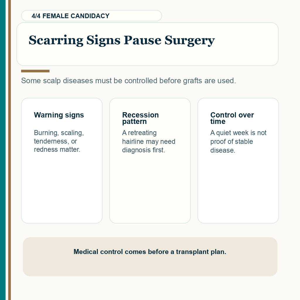 Female hair transplant candidacy carousel slide 4 about scarring signs pause surgery