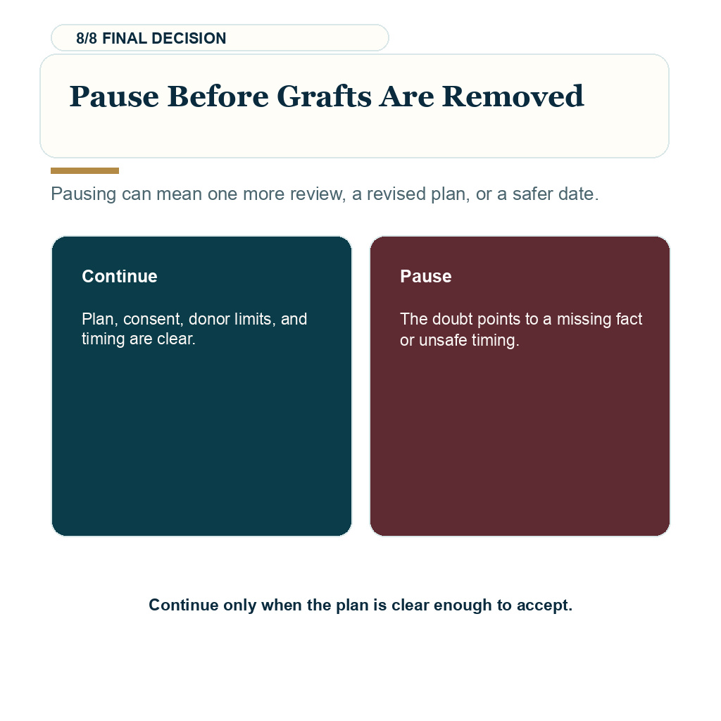 Final hair transplant doubts explaining pause before grafts are removed.