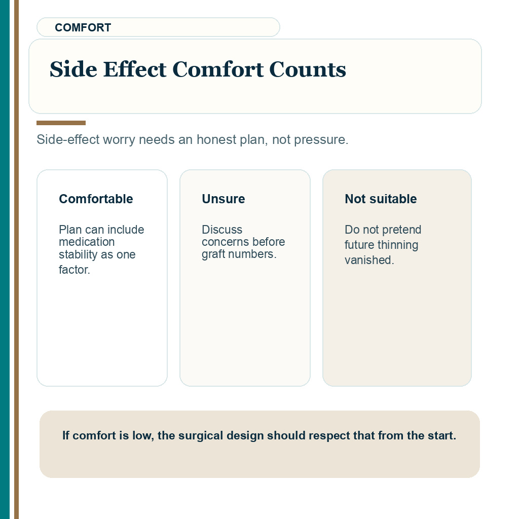 Side effect comfort counts in finasteride and hair transplant planning.