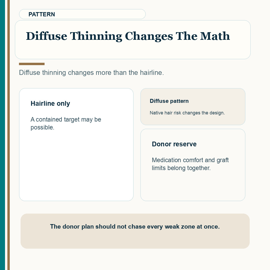 Diffuse thinning changes the math in finasteride and hair transplant planning.