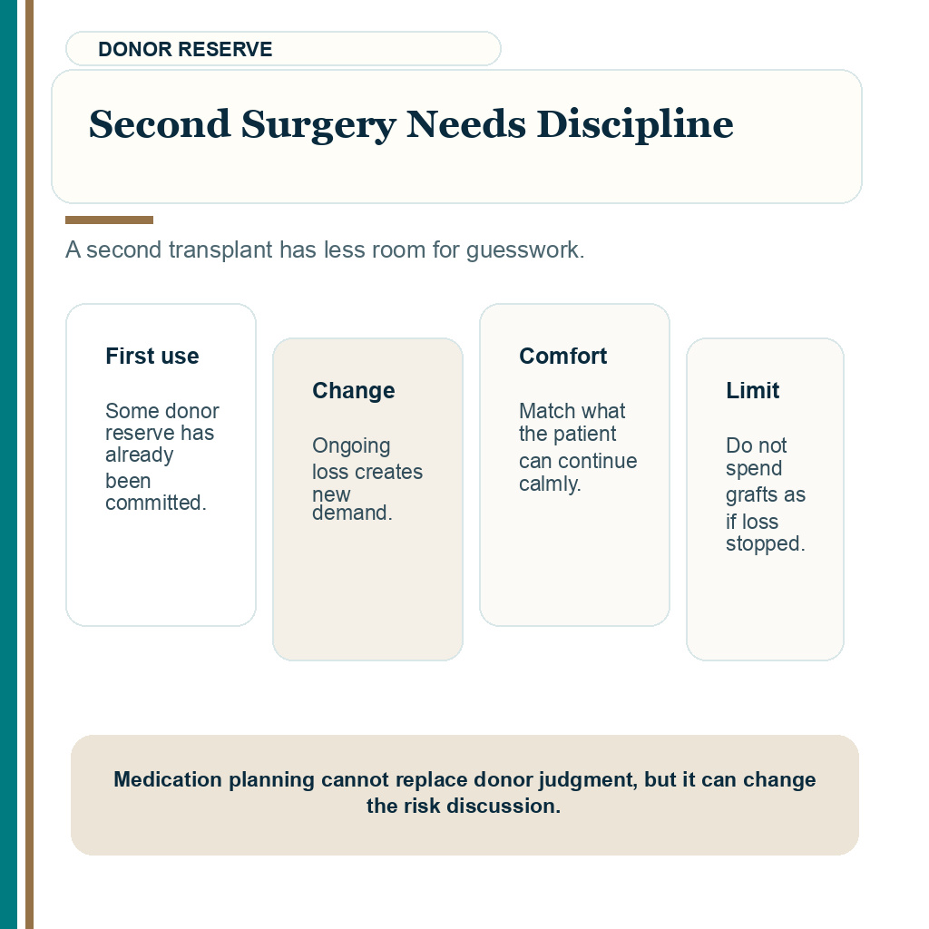 Second surgery discipline in finasteride and hair transplant planning.
