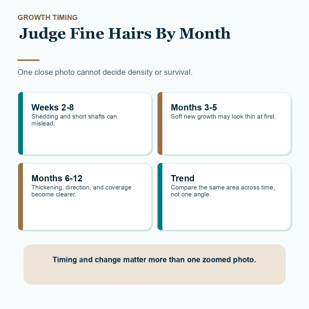 Support card explaining fine hair growth timing after FUE, including weeks 2 to 8, months 3 to 5, months 6 to 12, and trend review.