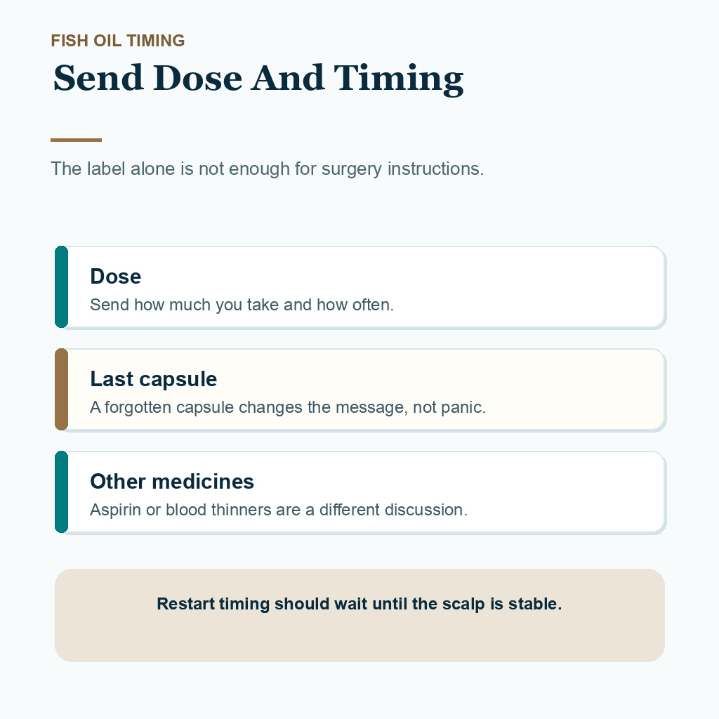 Diamond Hair Clinic support card showing fish oil timing details to send before surgery