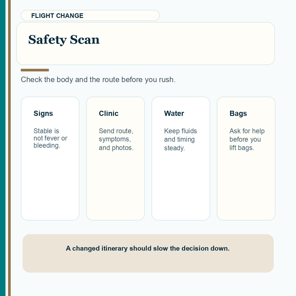 Flight delay safety scan after FUE with symptoms clinic contact hydration and luggage checks