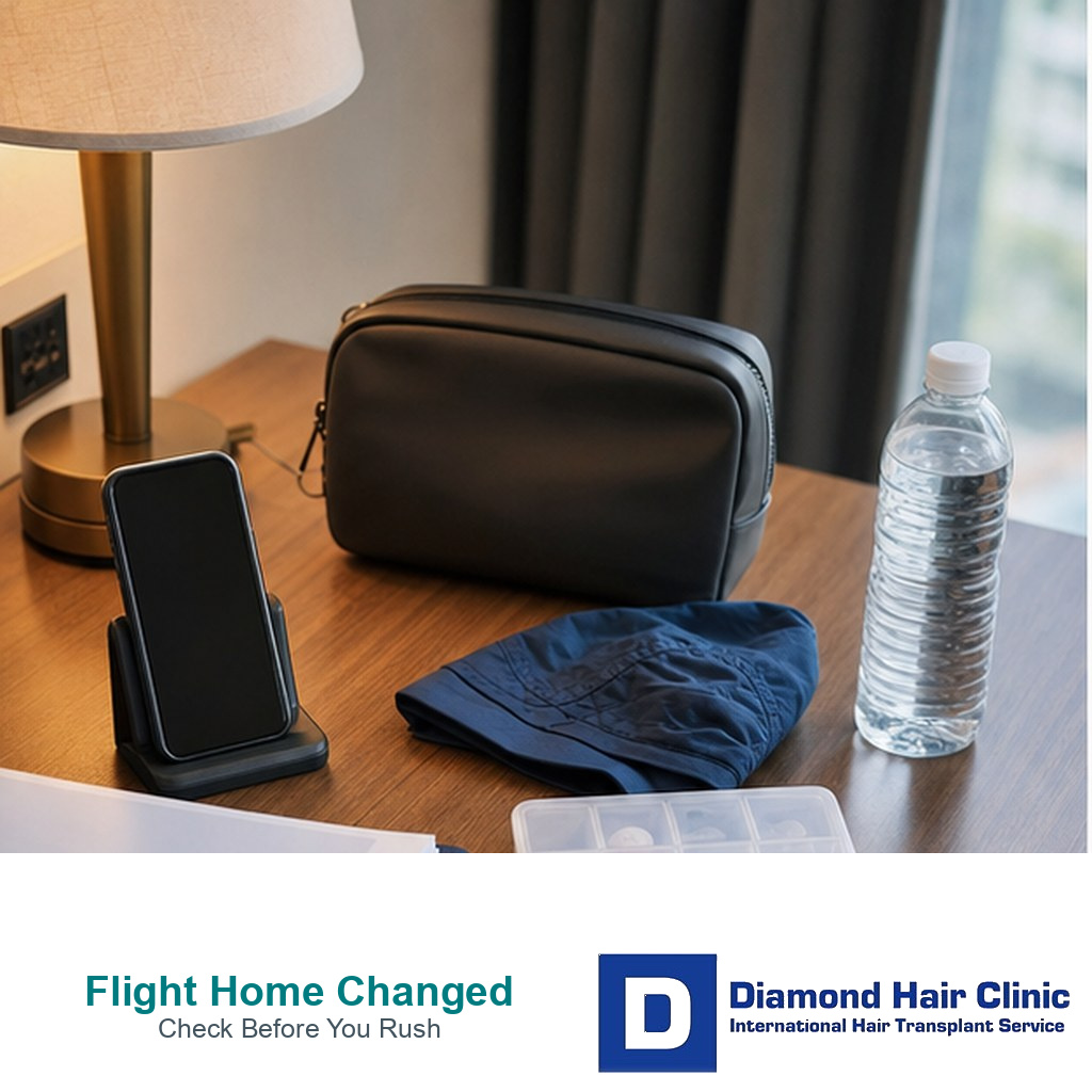 Blank phone water recovery cap and travel pouch arranged for a changed flight home after FUE