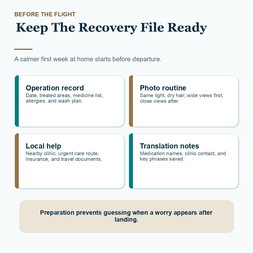 Support card listing recovery records, photo routine and local care details to keep ready before flying home.