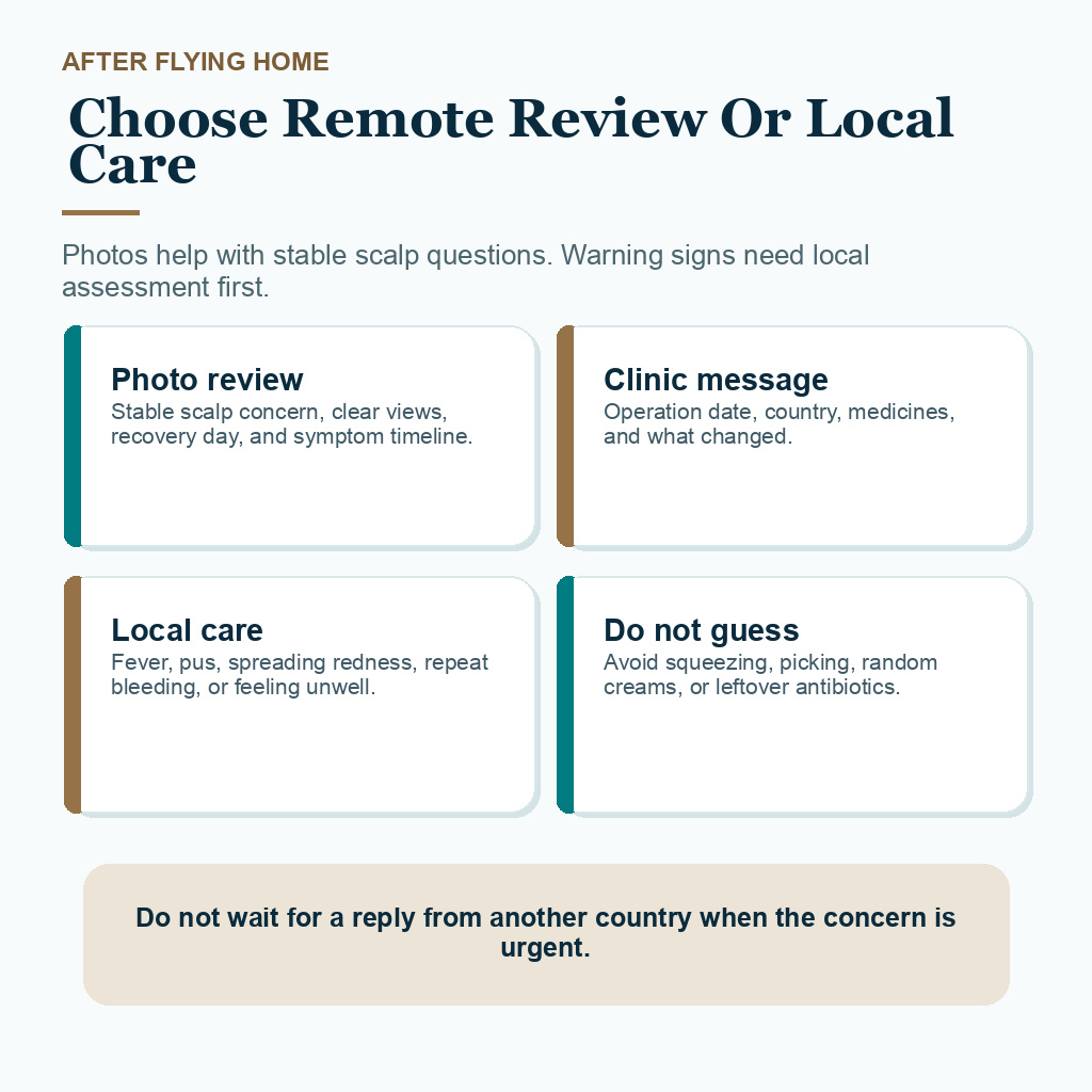 Support card explaining when to send recovery photos after flying home and when warning signs need local care.
