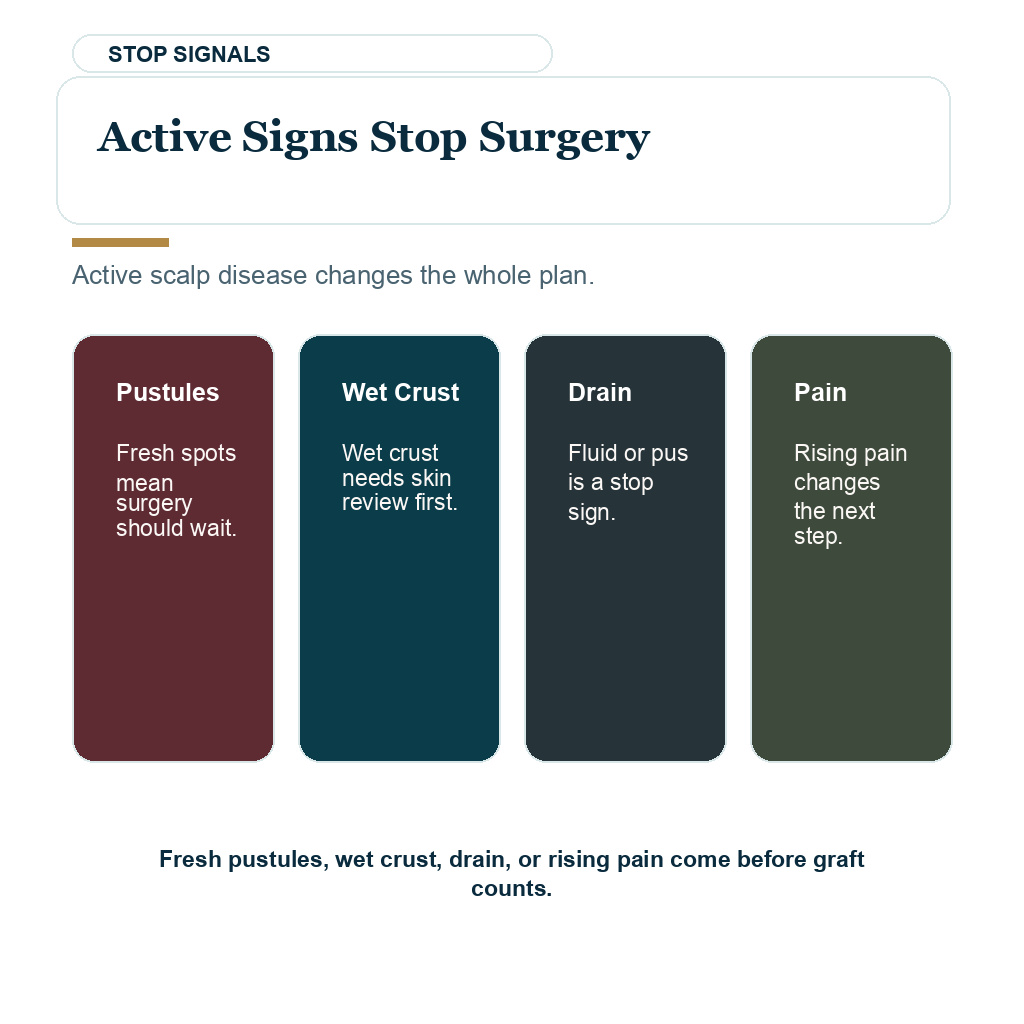 Active folliculitis signs should stop hair transplant surgery planning