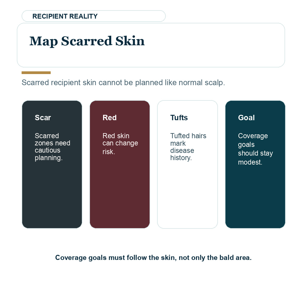 Scarred recipient skin needs careful mapping before graft placement