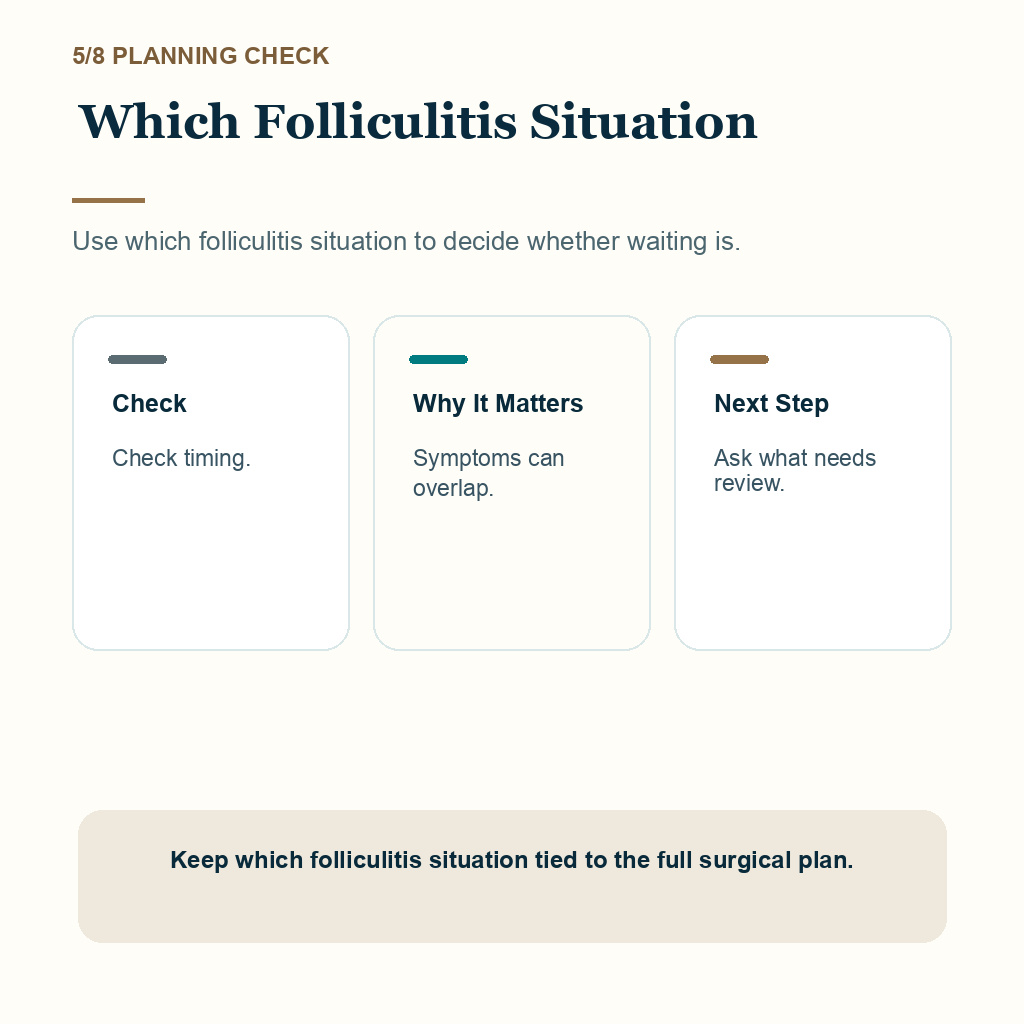 Folliculitis Control and Hair Transplant Timing support slide 5 about which folliculitis situation