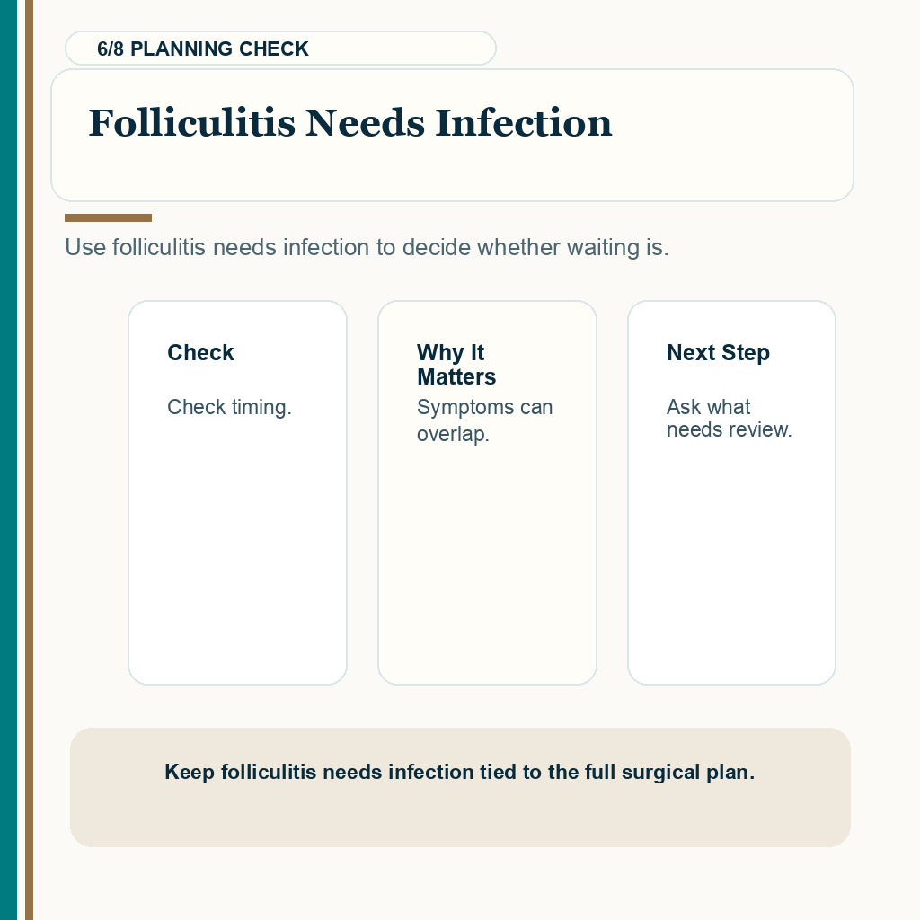 Folliculitis Control and Hair Transplant Timing support slide 6 about folliculitis needs infection