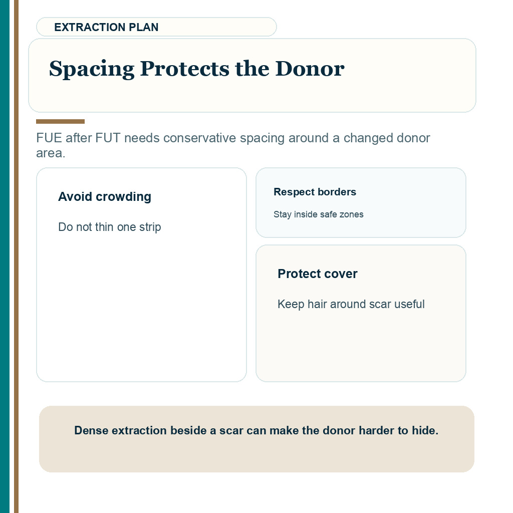 Spacing protects the donor in FUE after FUT planning.