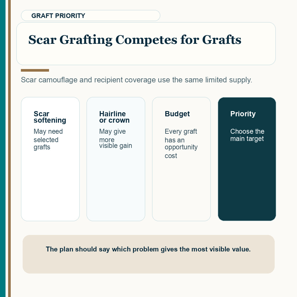 Scar grafting competes for grafts in FUE after FUT planning.