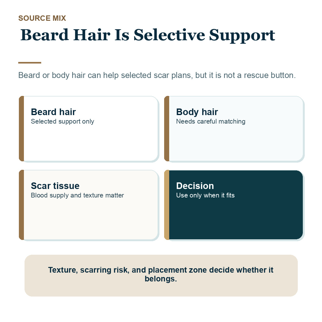 Beard hair is selective support in FUE after FUT planning.