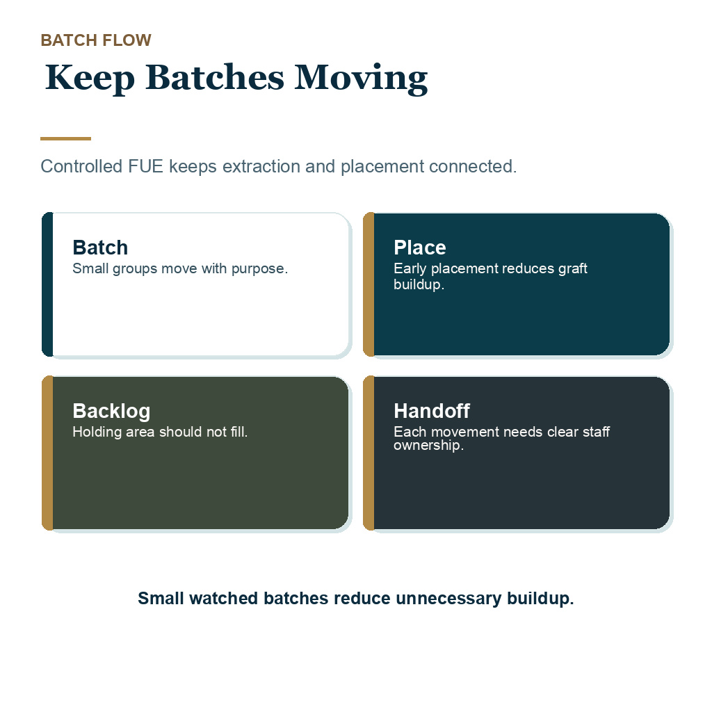 Small FUE graft batches help extraction and placement stay connected