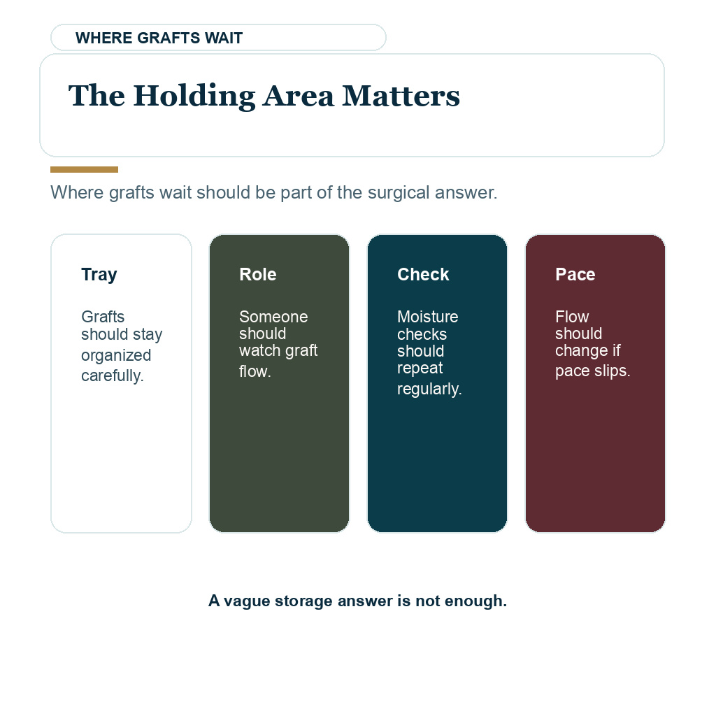 The graft holding area should be controlled during long FUE sessions