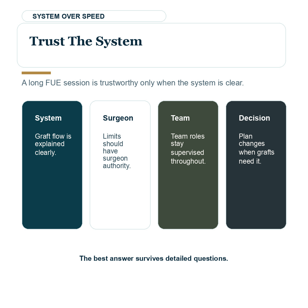 Trustworthy long FUE sessions depend on a clear graft protection system