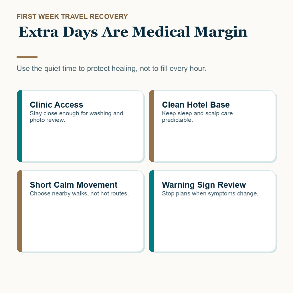 Hair transplant trip recovery support visual showing clinic access clean hotel base short calm movement and warning sign review