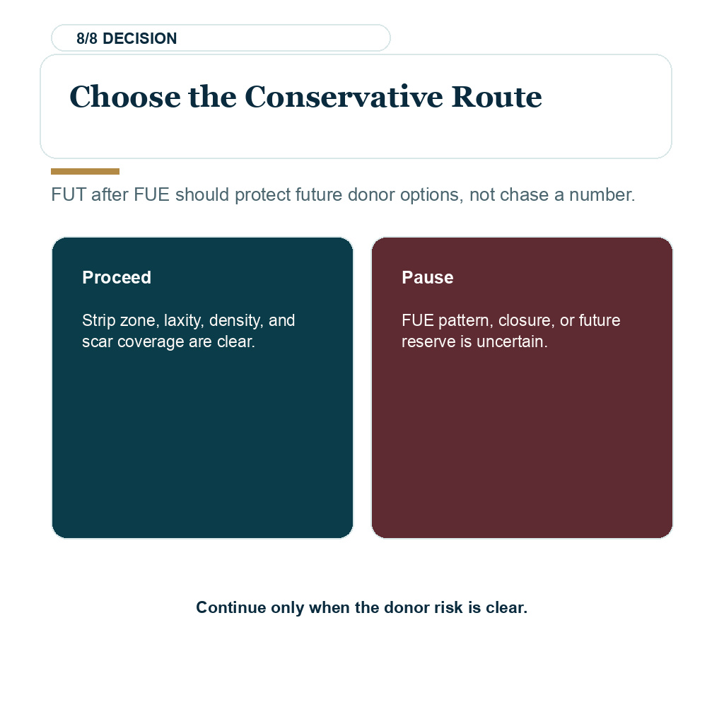 FUT after FUE explaining choose the conservative route.